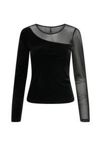 Černý dlouhý rukáv top s sametovým tělem, průhledným síťovaným pravým rukávem a diagonálním průhledným síťovaným panelem přes horní část hrudi a levé rameno.