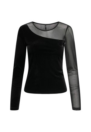 Top negro de manga larga con cuerpo de terciopelo, manga derecha de malla transparente y panel diagonal de malla transparente en la parte superior del pecho y el hombro izquierdo.