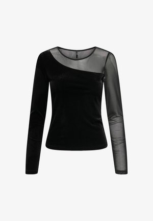 Czarny top z długim rękawem, welurowa korpus, przezroczysty siateczkowy prawy rękaw oraz ukośny przezroczysty panel siateczkowy na górnej części klatki piersiowej i lewym ramieniu.