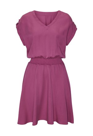 Purple short-sleeve dress with v-neck, elastic waistband, and gathered skirt, featuring rolled sleeves with button tabs.
