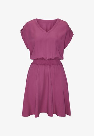 Purple short-sleeve dress with v-neck, elastic waistband, and gathered skirt, featuring rolled sleeves with button tabs.