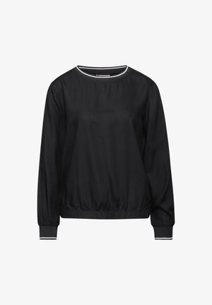 Pullover nero con scollatura tonda, orlo e polsini elasticizzati, con strisce bianche di accento sulla scollatura e sui polsini. Tessuto dalla superficie liscia.