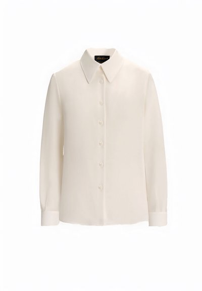 White long-sleeve blouse with a pointed collar, eight button closure, and buttoned cuffs, made from a smooth, lightweight fabric.