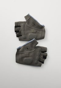 Gray fingerless gloves made from textured fabric, featuring padding, perforations, and blue accents on the cuffs. Six grip pads on palms.