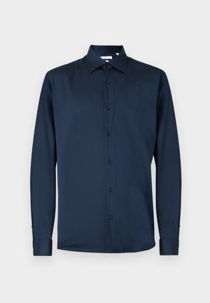 Navy blue long-sleeve shirt made of smooth fabric, featuring a classic collar, full button placket, and buttoned cuffs.