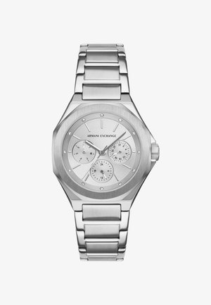 Reloj de pulsera de acero inoxidable plateado de Armani Exchange con tres subesferas, marcadores de horas de cristal y una pulsera de metal unida.