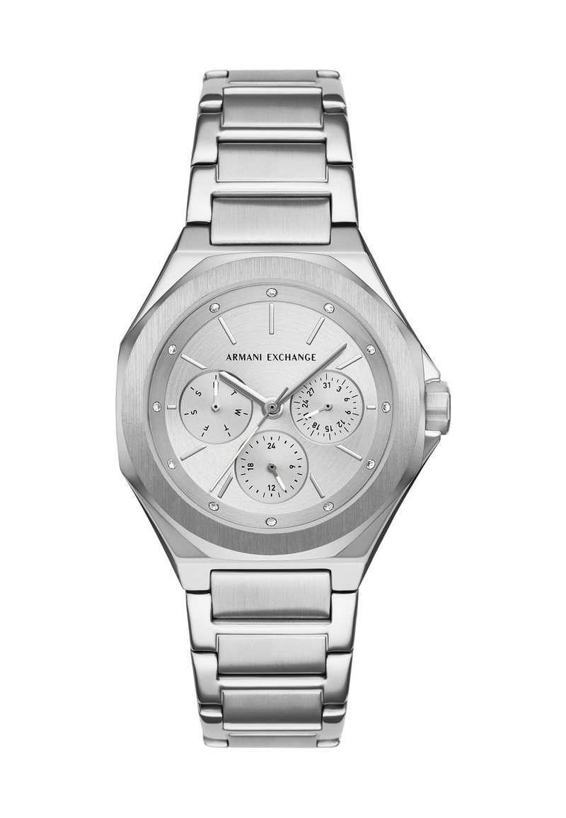 Orologio da polso in acciaio inox argentato Armani Exchange con tre sottodial, indicatori delle ore in cristallo e cinturino a bracciale metallico collegato.