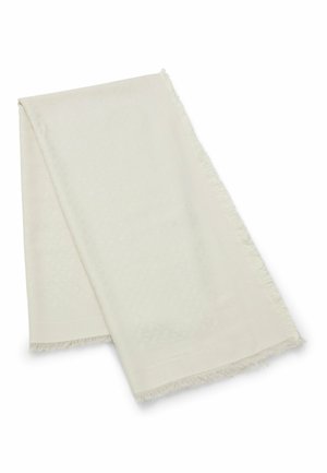 White textured scarf with fringed edges, featuring a subtle pattern and soft fabric. Rectangular shape, lightweight, and elegant design.