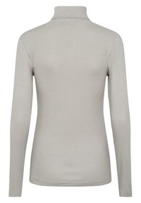 Długi rękaw, jasnoszara bluzka z golfem, wykonana z prążkowanej tkaniny, o dopasowanym kroju i wysokim kołnierzu, z minimalnymi detalami w szwie.