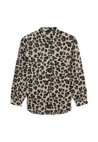 Leopardmusterhemd in Beige- und Brauntönen, gefertigt aus weichem Material, mit Knopfleiste, Kragen und einer einzigen Brusttasche.