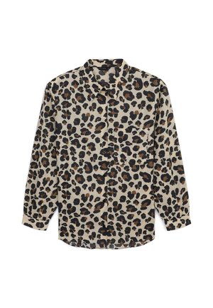 Leopard print shirt in beige and brown tones, made of soft fabric, featuring a button-up design, collar, and a single chest pocket.
