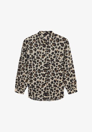 Leopard print shirt in beige and brown tones, made of soft fabric, featuring a button-up design, collar, and a single chest pocket.