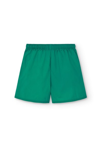 Gröna simbyxor i lätt tyg, med elastisk midja och en enkel, klassisk design utan dekorationer.