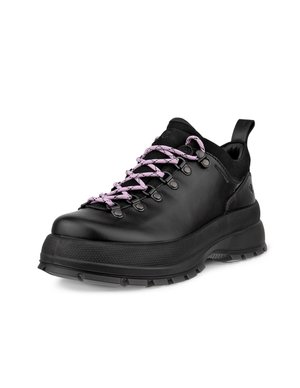 Schwarzer Wanderschuh mit strukturierter Oberfläche, pinken Schnürsenkeln und robustem Gummisohle. Verfügt über eine verstärkte Zehenkappe und eine Zuglasche an der Ferse.