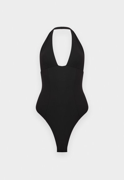 Čierne jednodielne plavky s dizajnom na krk viazaným za krkom. Majú hlboký výstrih do V, hladkú textúru a vysoké vykrojenie na nohách.