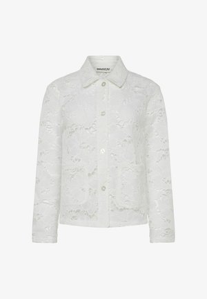 Veste en dentelle blanche avec un motif floral, fermeture à boutons et col. Conception légère avec une coupe structurée et des manches longues.