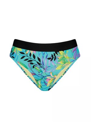 Kolorowe majtki bikini w turkusowej bazie z kwiecistymi wzorami w odcieniach żółtego, różowego i zielonego, oraz czarną elastyczną talią.