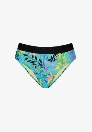 Kolorowe majtki bikini w turkusowej bazie z kwiecistymi wzorami w odcieniach żółtego, różowego i zielonego, oraz czarną elastyczną talią.
