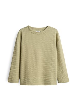 Beige lange mouw waffle-knit textuurtrui met ronde hals, vlak weergegeven tegen een witte achtergrond.