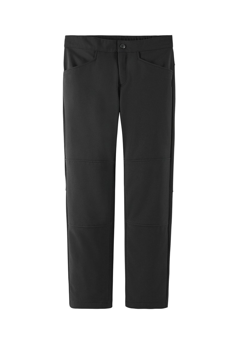 Czarne spodnie softshellowe o prostym kroju. Posiadają pięć kieszeni, elastyczny pas oraz wzmocnienia na kolanach dla większej wytrzymałości. Gładka tekstura.