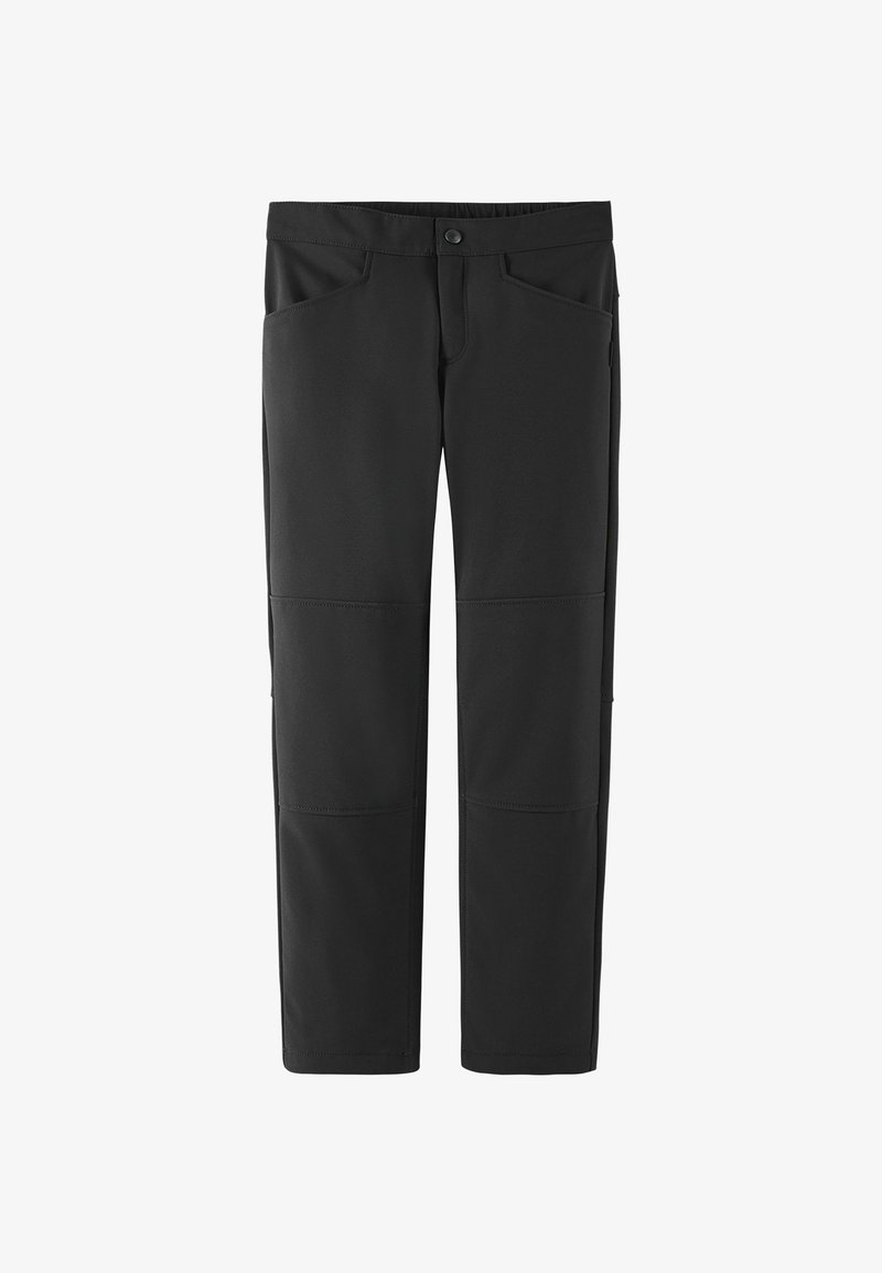 Czarne spodnie softshellowe o prostym kroju. Posiadają pięć kieszeni, elastyczny pas oraz wzmocnienia na kolanach dla większej wytrzymałości. Gładka tekstura.