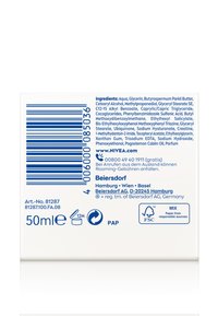 Weiße Verpackung mit blauer Schrift, Barcode und Markendetails. Enthält 50 ml des Produkts. Enthält Recycling-Logo und Papierquelle-Anmerkung.