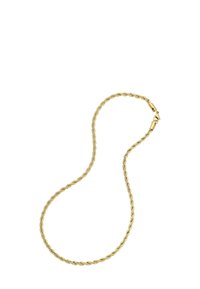 Zlata zavita verižica z zapenjanjem, ki ima teksturirano površino in gladek zaključek, primerna za vsakodnevno nošenje ali plastenje.