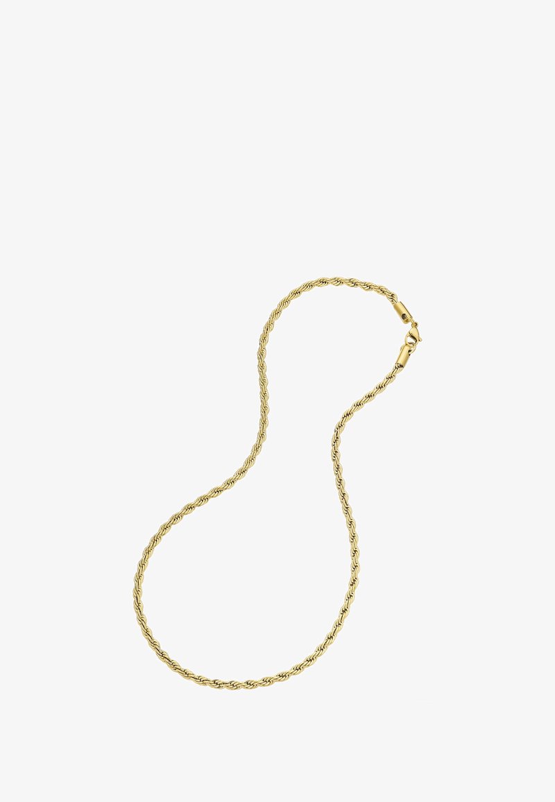 Zlata zavita verižica z zapenjanjem, ki ima teksturirano površino in gladek zaključek, primerna za vsakodnevno nošenje ali plastenje.