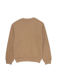 Felpa marrone con scollatura e polsini a coste. Texture liscia. Design casual con una vestibilità comoda. Nessun logo o decorazione visibile.