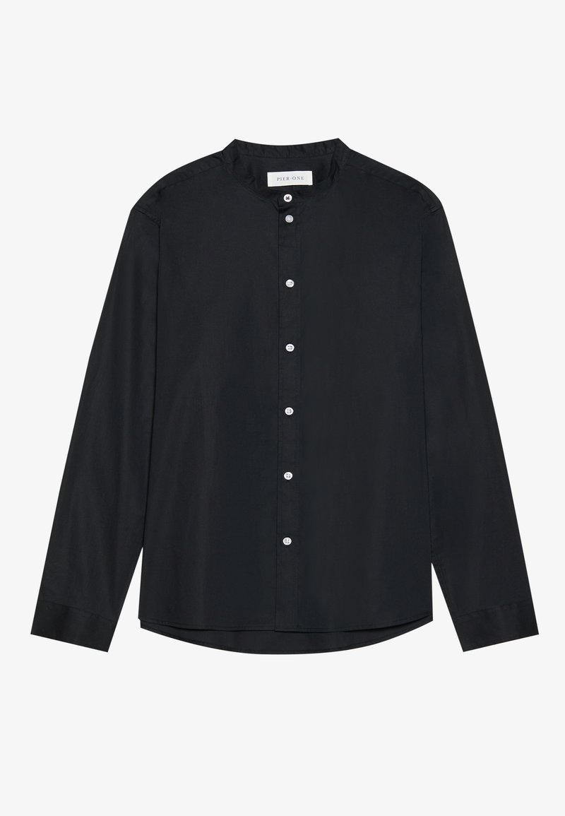 Schwarze Hemdjacke mit Stehkragen, langen Ärmeln und abgerundetem Saum. Aus glattem Stoff gefertigt, mit weißen Knöpfen auf der Vorderseite.