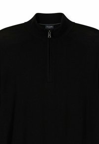 Schwarzer Pullover mit halbem Reißverschluss am Kragen, gerippter Struktur und schlankem Schnitt. Verfügt über ein Markenetikett innen am Kragen.