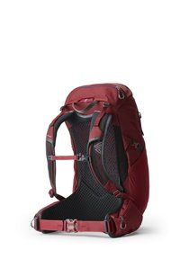 Red backpack with a mesh back panel, adjustable straps, and multiple compartments. Features buckles and zipper details for secure closure.