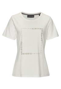 Weißes Baumwoll-T-Shirt mit kurzen Ärmeln, Rundhalsausschnitt und einem rechteckigen Logodesign in hellbeige. Weicher Stoff, lockere Passform.