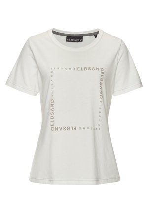 Weißes Baumwoll-T-Shirt mit kurzen Ärmeln, Rundhalsausschnitt und einem rechteckigen Logodesign in hellbeige. Weicher Stoff, lockere Passform.