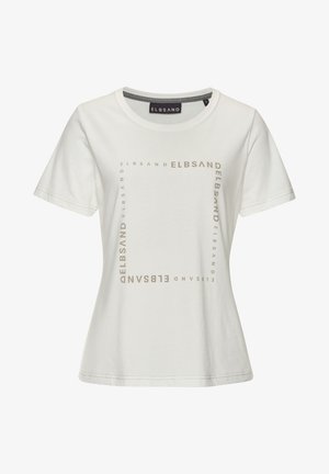 White cotton t-shirt featuring short sleeves, a crew neck, and a rectangular logo design in light beige. Soft texture, relaxed fit.