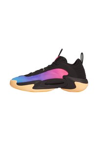 Sneakers met een multicolore mesh bovenkant in blauw, roze en zwart, met een gevoerde zool en getextureerde accenten voor grip en ondersteuning.