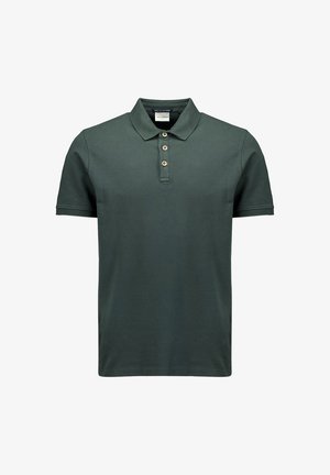 Donkergroen poloshirt van katoen, met een klassieke kraag, een drieknoopsluiting, korte mouwen en een effen ontwerp zonder patronen.