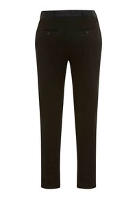 Pantaloni neri su misura con una texture liscia, dotati di tasche posteriori con bottoni e un design slim fit.