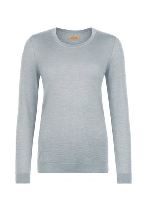 Jasnoszary sweter dzianinowy z długim rękawem i okrągłym dekoltem, z prążkowanym kołnierzem, mankietami i dolnym brzegiem, prezentowany na białym tle.