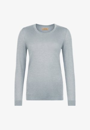 Jasnoszary sweter dzianinowy z długim rękawem i okrągłym dekoltem, z prążkowanym kołnierzem, mankietami i dolnym brzegiem, prezentowany na białym tle.