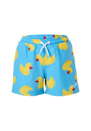 Lyseblå badeshorts med mønster af gule gummiænder og hvid snor på elastisk taljebånd.