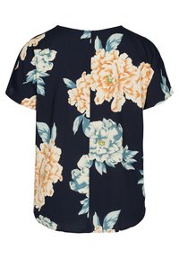Bluse mit Blumenmuster aus dunkelblauem Stoff, mit großen Pfirsich- und blauen Blumen, kurzen Ärmeln, rundem Ausschnitt und einem Reißverschluss auf der Rückseite.