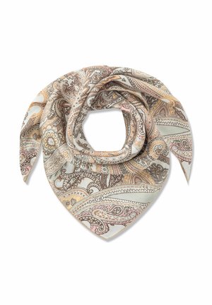 Quadratisches Seidentuch mit filigranen Paisley-Mustern in Beige, Braun und Pastellfarben, locker gefaltet mit einer zentralen Öffnung.