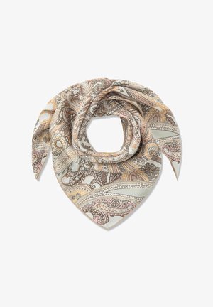 Vierkante zijden sjaal met ingewikkelde beige, bruine en pastel paisleypatronen, losjes gevouwen met een centrale opening.