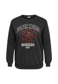 Sudadera negra de manga larga con un gráfico de una rosa roja y el texto blanco "RUE DES ROSIERS 1989" en el frente, cuello redondo y puños acanalados.