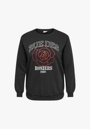 Czarna bluzka z długim rękawem z graficznym wzorem czerwonej róży oraz białym napisem "RUE DES ROSIERS 1989" z przodu, okrągły dekolt i ściągacze na rękawach.