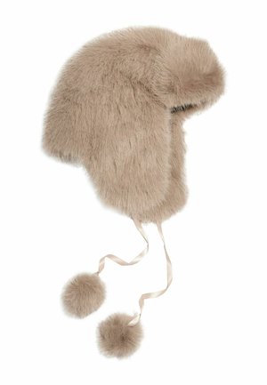 Faux fur trapper hat in light beige, featuring flaps, silk ribbon ties, and two pom-poms. Soft texture, rounded design.
