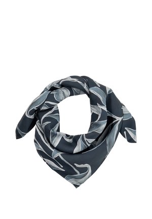 Dunkelgrauer quadratischer Seidenschal mit einem hellgrauen abstrakten Blattmuster, gefaltet und in einer Schlaufenform gelegt.