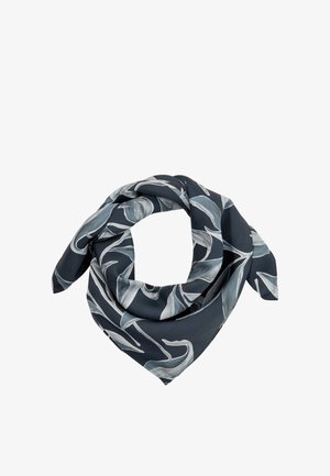 Dunkelgrauer quadratischer Seidenschal mit einem hellgrauen abstrakten Blattmuster, gefaltet und in einer Schlaufenform gelegt.