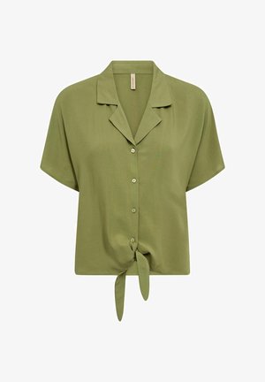 Short-sleeve green shirt with a collar, a button-down front, and a knotted tie detail at the hem. Soft fabric with a smooth texture.